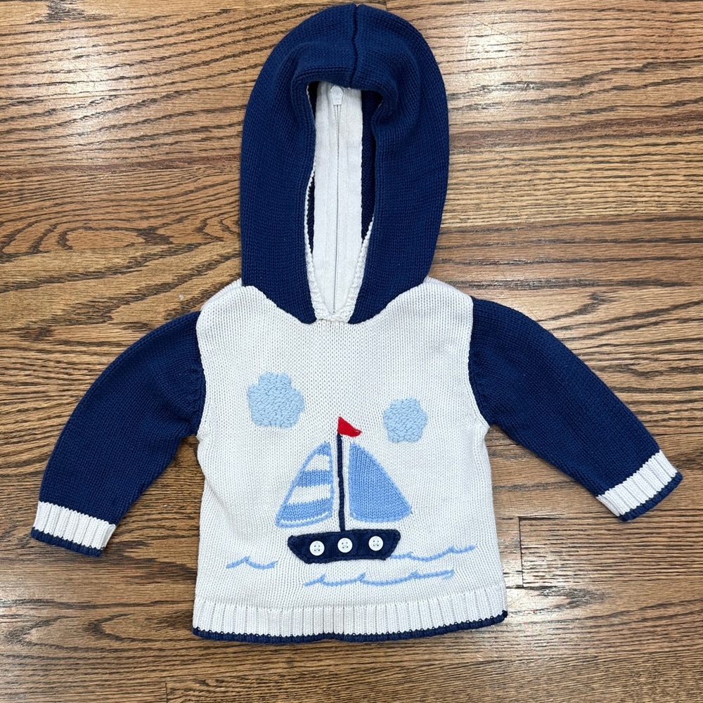 Heartstrings Nautical Blue and White Baby Hoodie Size 6-9M